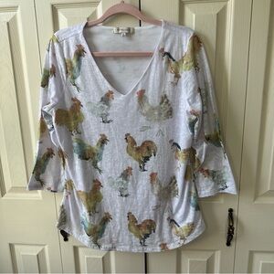 Astrologie Watercolor Rooster Print V Neck 3/4 Sleeve Top Womens Size Medium